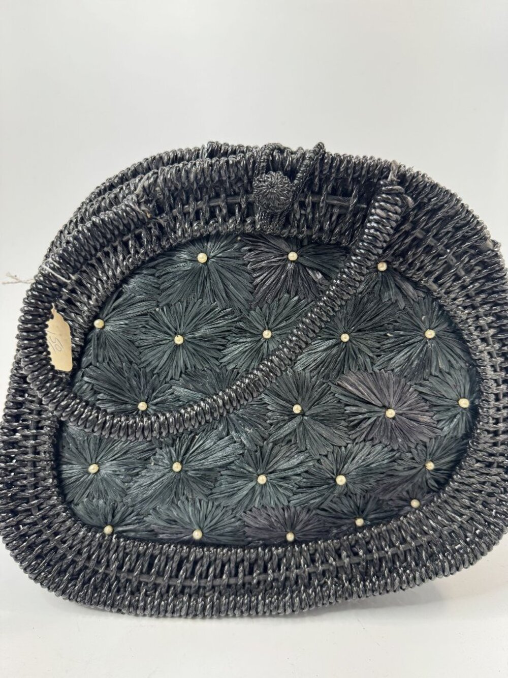 Vintage Black Wicker Handbag With Floral Design & Pearl Accents